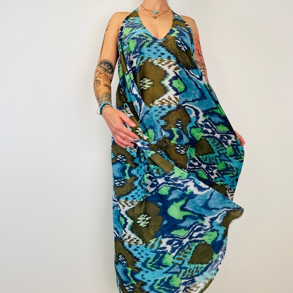 Zelle for she one size fits all maxi dress sleeveless blue patterned - Picture 3 of 8